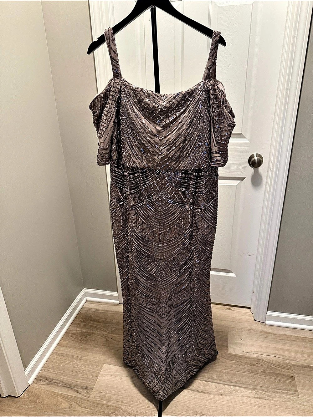 R&M Richards Sequin Draped Maxi Dress in Brown & Gray Size 16w